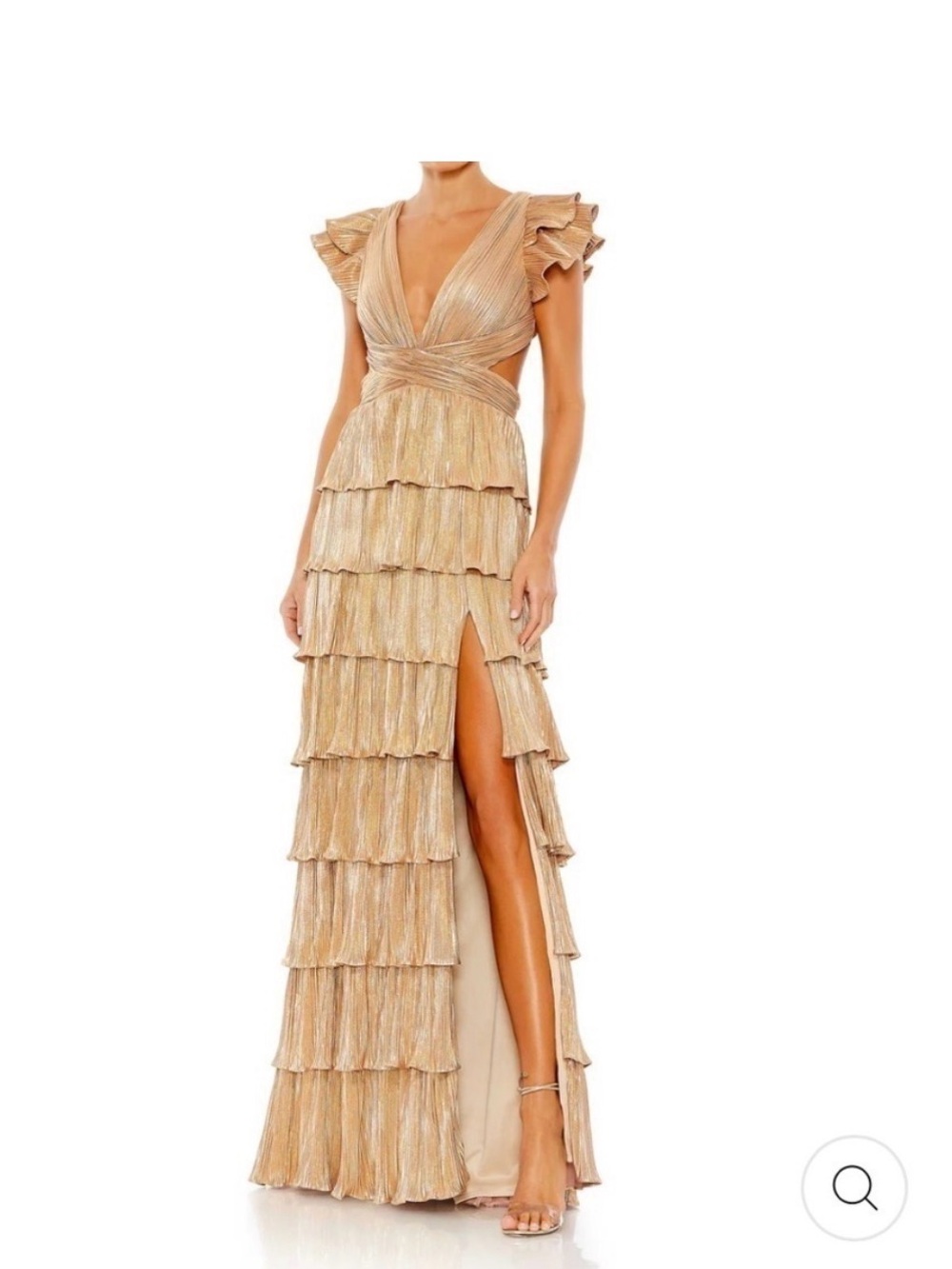 Mac Duggal Gold Ruffle Maxi Dress Size 8 Metallic Pleated Slit Gown NWT